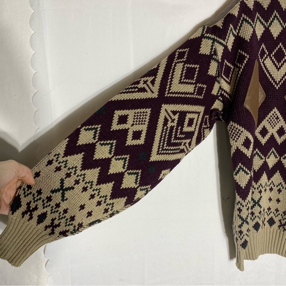 Vintage Bongo Collection Tan Burgundy Geometric Knit W Leathererette Trim S - Picture 11 of 15
